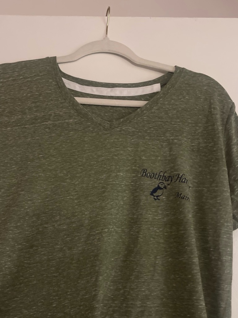 Boothbay Maine Puffin Olive V-Neck T-Shirt